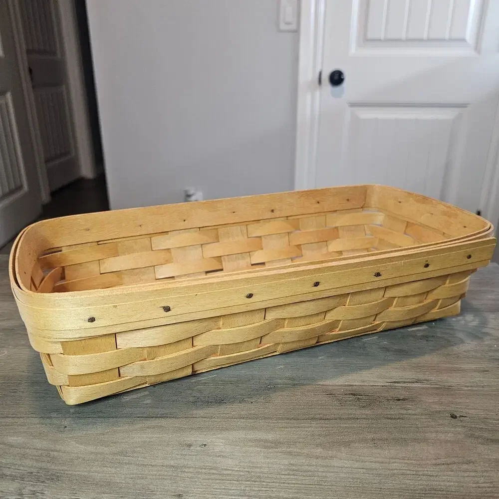 Vintage Longaberger Bread Basket Handwoven Brown Rectangle Wood Signed 1996
